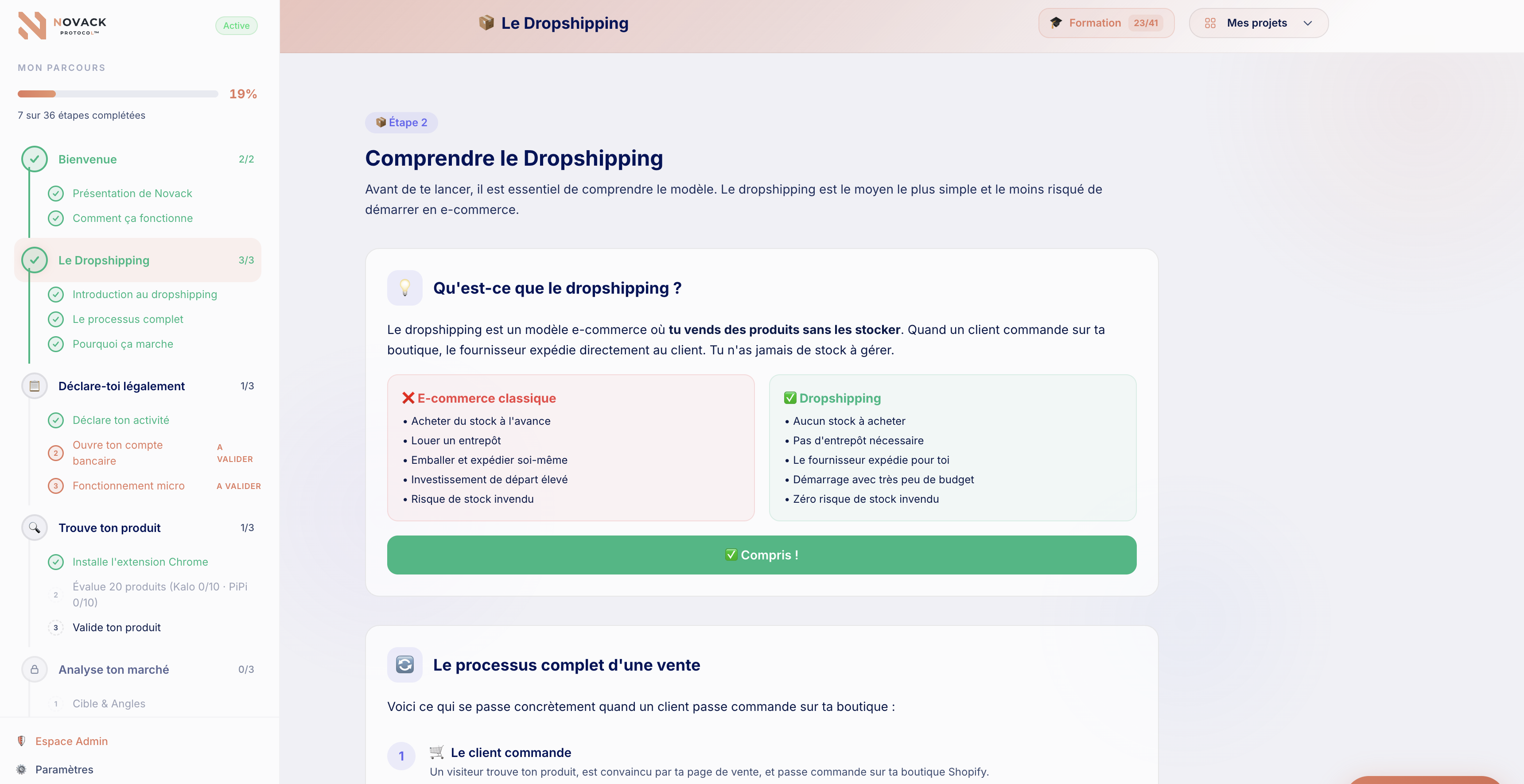 Dashboard Novack Protocol — Parcours guidé